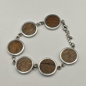 Wood & Silver Tone Vintage Bohemian Style Circle Link Bracelet Lobster Clasp